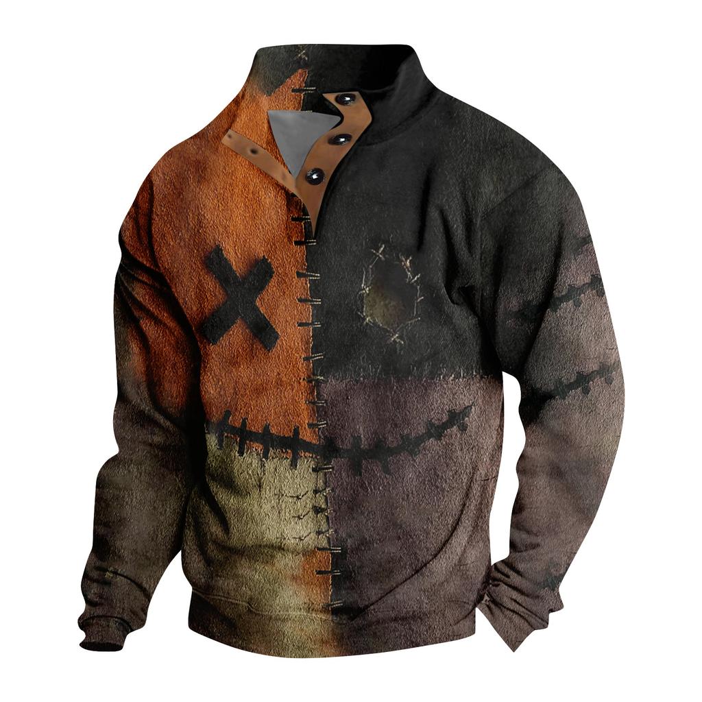 Men's Casual Fashion Christmas Printed Hoodless Sweatshirt Wide Men's Loose Button Stand Collar Hooded Sweatshirt