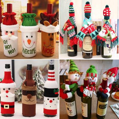 Christmas Wine Bottle Decoration Set: Knitted Sweater, Scarf, Hat, Old Man, and Reindeer Covers.