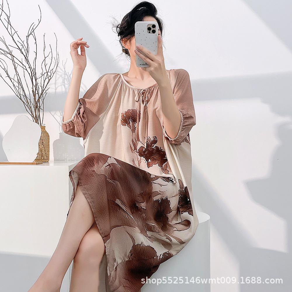 1011 Mu Zhensi's new cotton and silk summer dress loose round neck dress printed skirt nightdress vacation style
