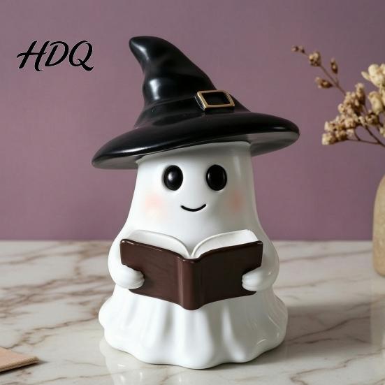 Bedside Atmosphere Light Halloween Ghost Figurine with LED Light Resin Witch Hat Statue Niche Aesthetic Ornament Guitar/Book Cute Luminous Sculpture