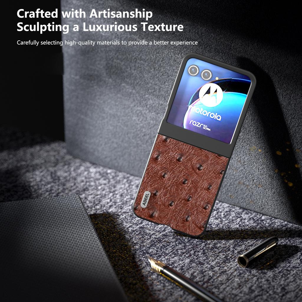 Für Motorola Razr 50 5G Hülle Straußenleder Textur Echtes Rindsleder+PC Handyhülle