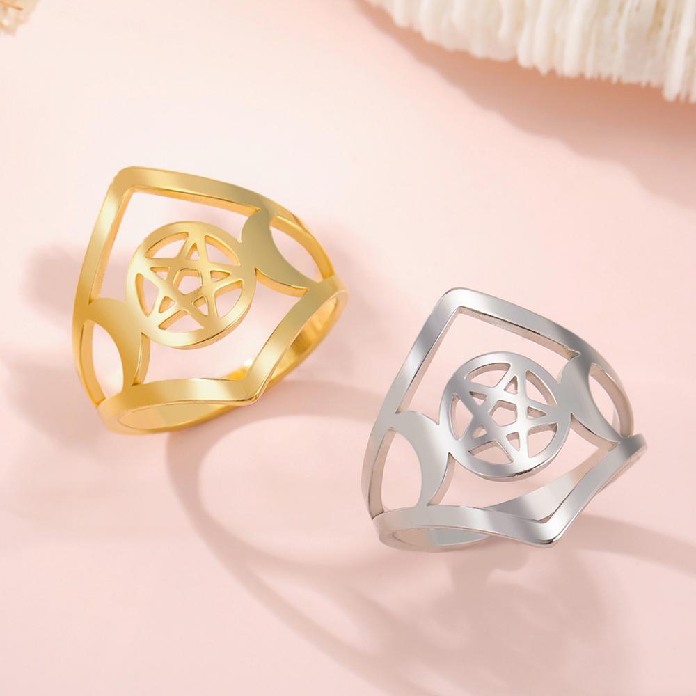 Dawapara Triple Moon Goddess Ring Ancient Greek Mythology Wicca Pentagram Ring Protection Amulet Stainless Steel Jewelry