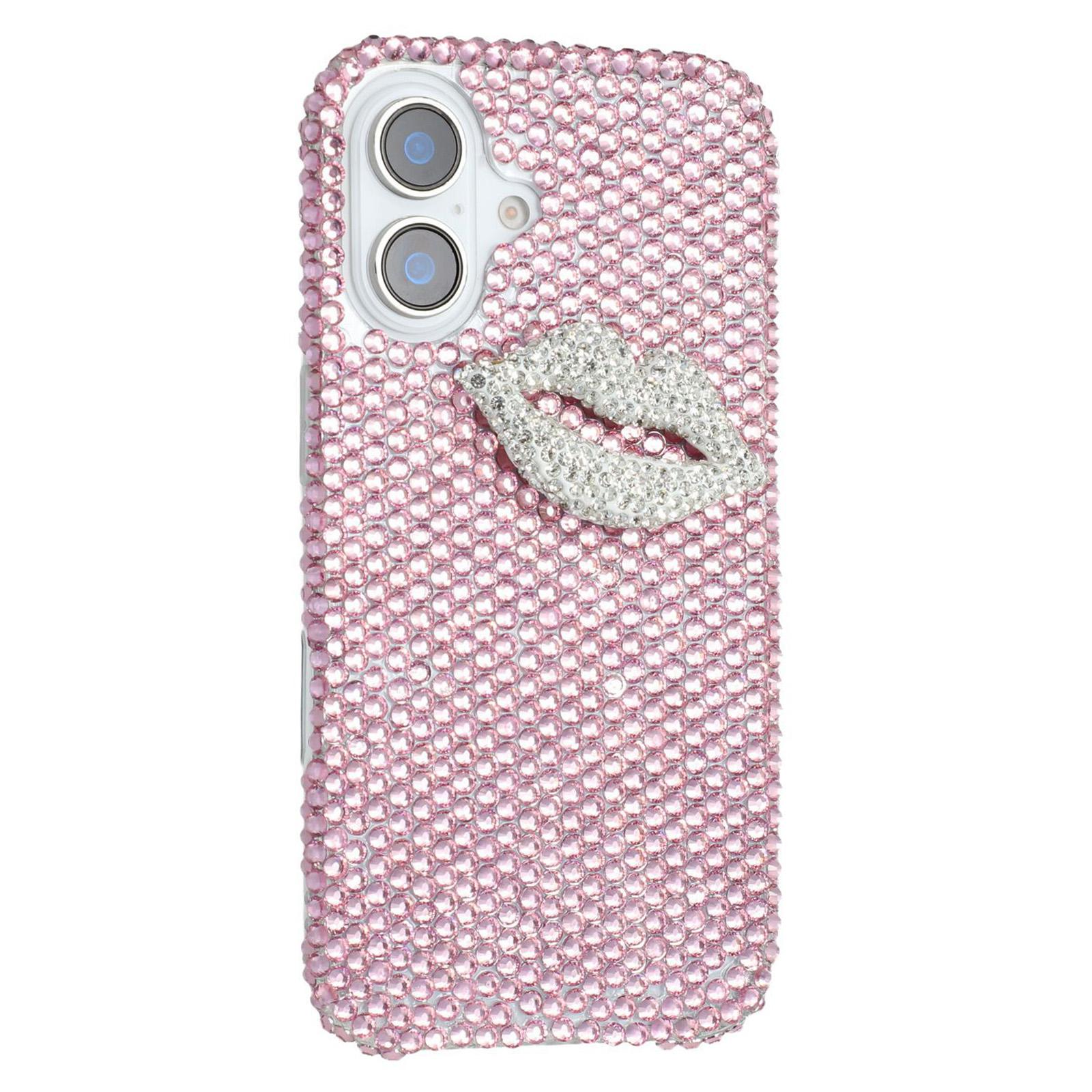 

For iPhone 16 Case Full Rhinestone Lip Decor TPU+PC Phone Back Cover Pink