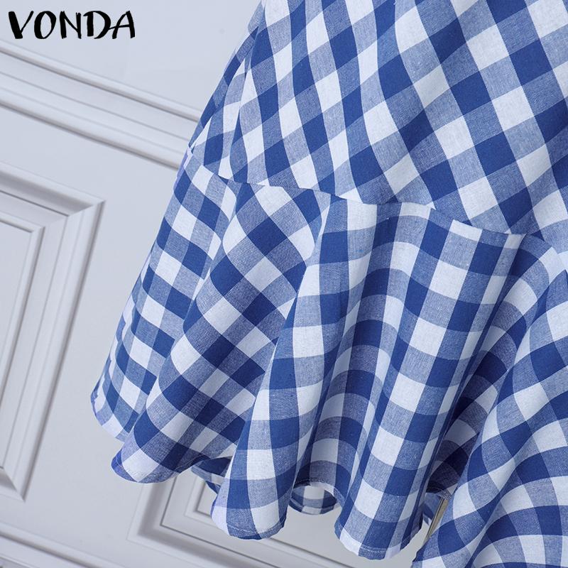 VONDA Vestidos vintage para mujer con cuello alto, manga corta, cuadros y dobladillo con volantes