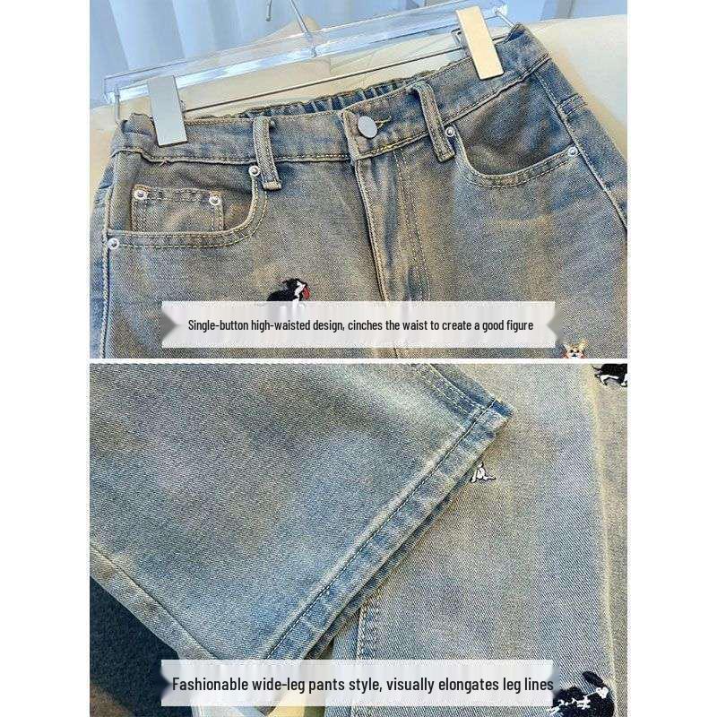 2026 New Autumn Women's High-Waist Wide-Leg Jeans with Dog Embroidery
