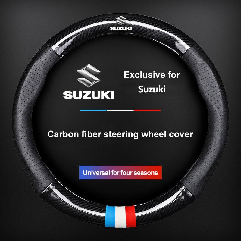 Leather Carbon Fiber Car Steering Wheel Cover Emblem Car Accessories for Suzuki Jimny Swift V Strom 650 Ignis Alto DZire Swace Across Kizashi