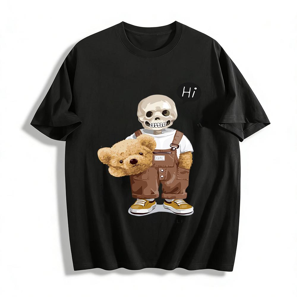 

Skeleton Holding Teddy Bear Graphic Tee Be Yourself Casual Trendy Top Pure cotton T-shirt XXS