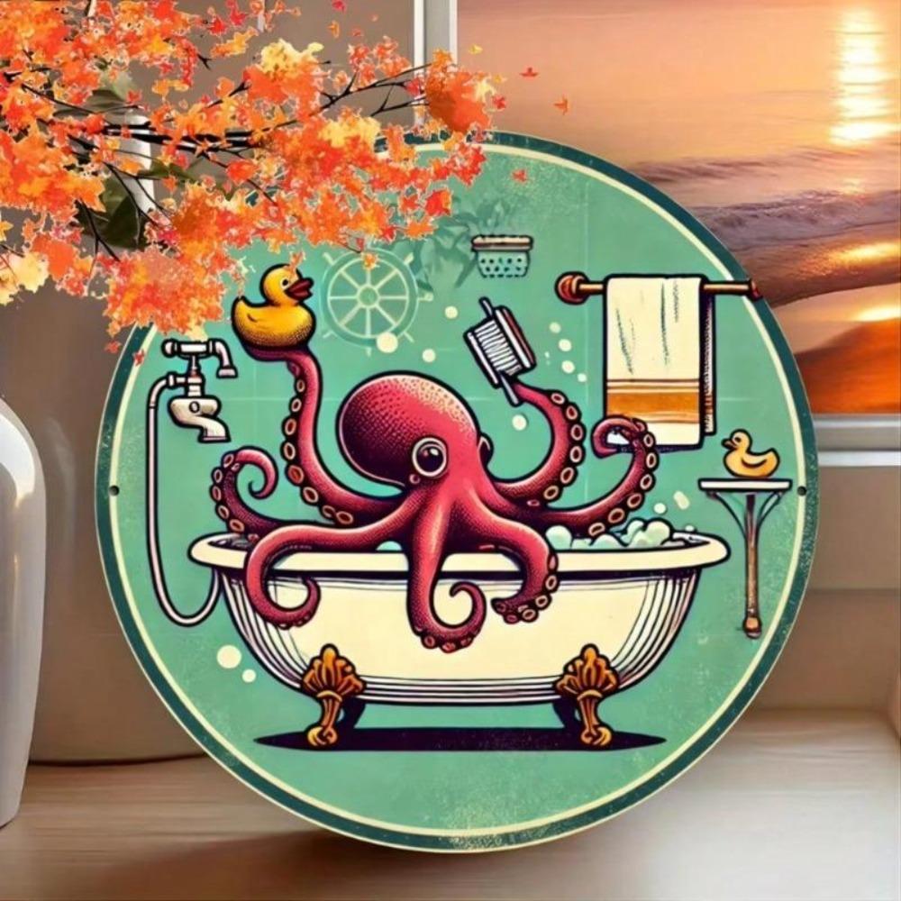 Vintage Tin Wall Decor Circular Ocean Octopus Bath Art