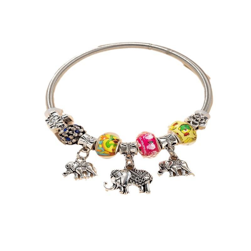Adjustable Beaded Bracelet with Elephant Pendant Letter Crystal Beads and Floral Charm DIY Jewelry Making Kit