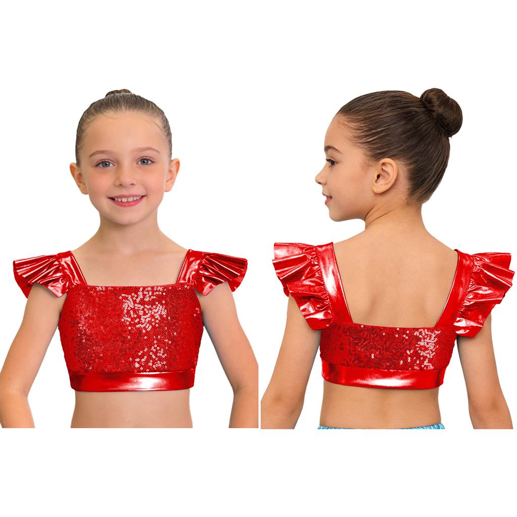 Dětské dívčí topy na jazzový tanec Čtvercový výstřih Volánkové rukávy Třpytivý flitrovaný metalický crop top