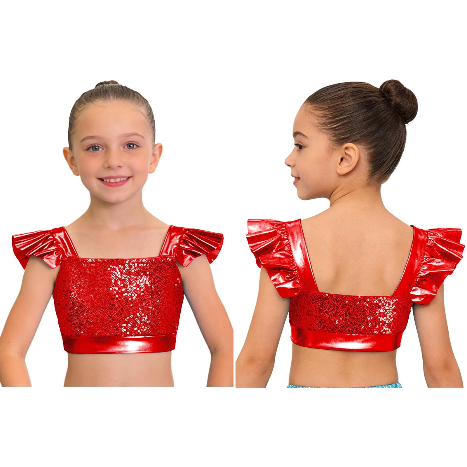 

Kids Girls Jazz Dance Performance Tops Square Collar Ruffled Sleeves Sparkling Sequin Metallic Crop Top 7-8 Years червоний