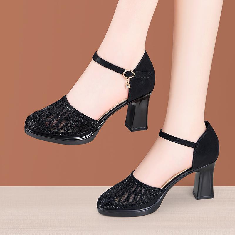 Women Closed Toe Sandals Women's Hollow Rhinestone 5CM/7CM Chunky Heel Shoes Hollow Mesh Mom High-heeled Shoes