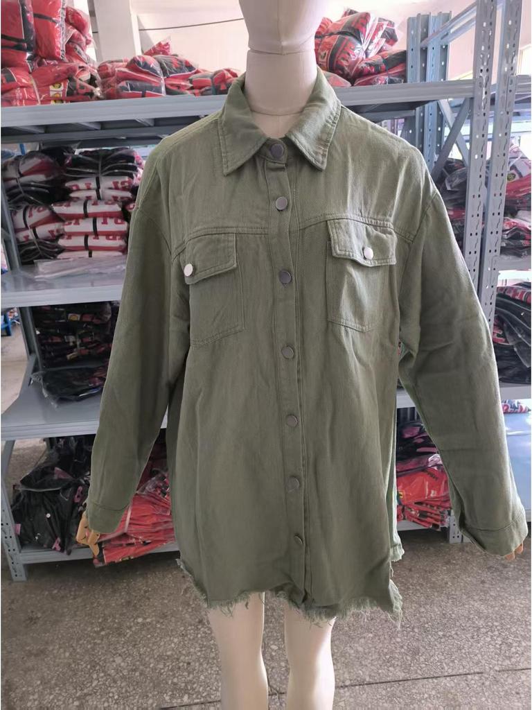 Women's Frayed Hem Denim Shirt Jacket - European & American Street Style for Autumn/Winter.