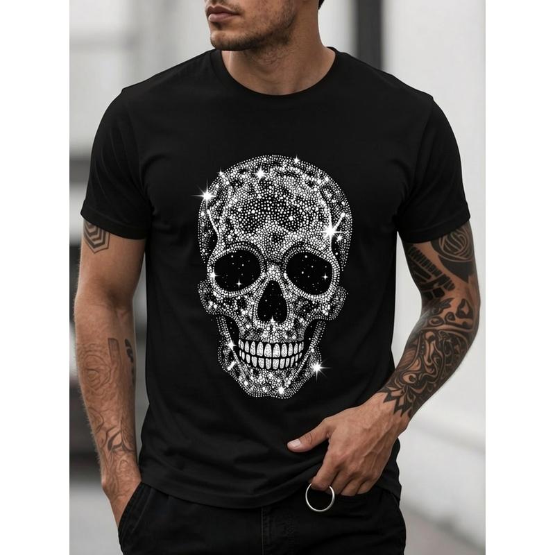 T-shirt da uomo traspirante in cotone con teschio strass - Vestibilità comoda, girocollo, manica corta, versatile per il tempo libero