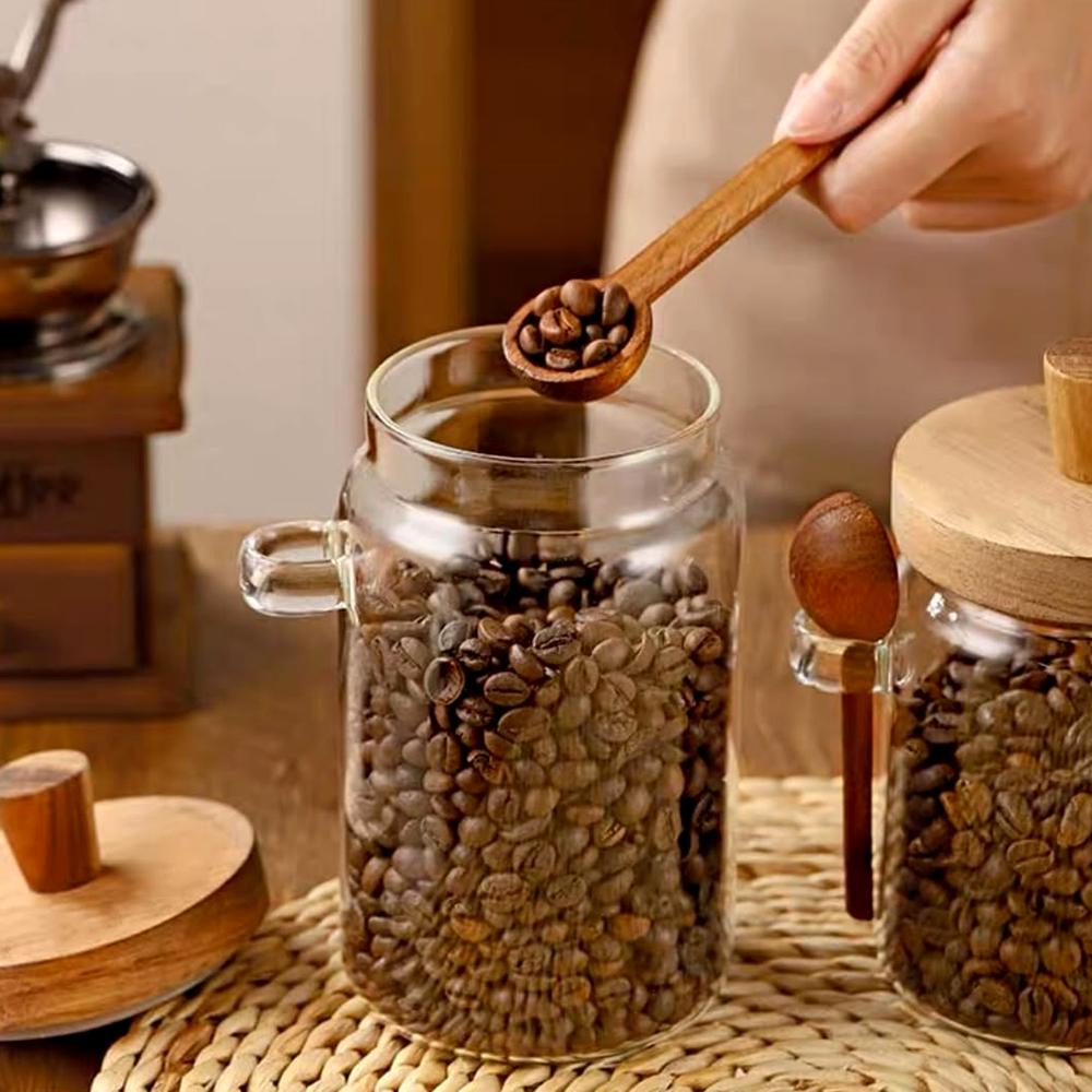 Glass Jar Grains Coffee Bean Tealeaf Storage Containers with Wood Spoon Lid Clear Spice Jar Bottle Kitchen Organizer