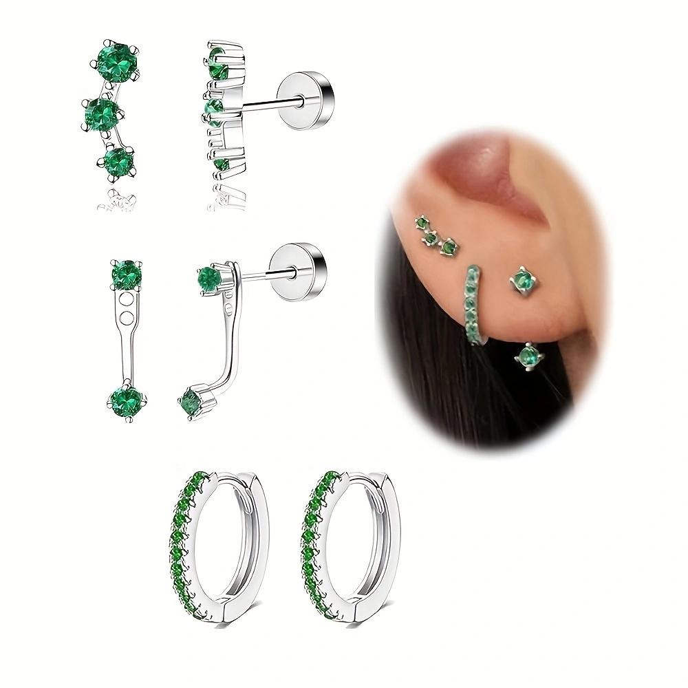 6 Pcs Gold Plated Stainless Steel Flat Back Earrings Set Green Zirconia Cartilage Studs Elegant Jewelry