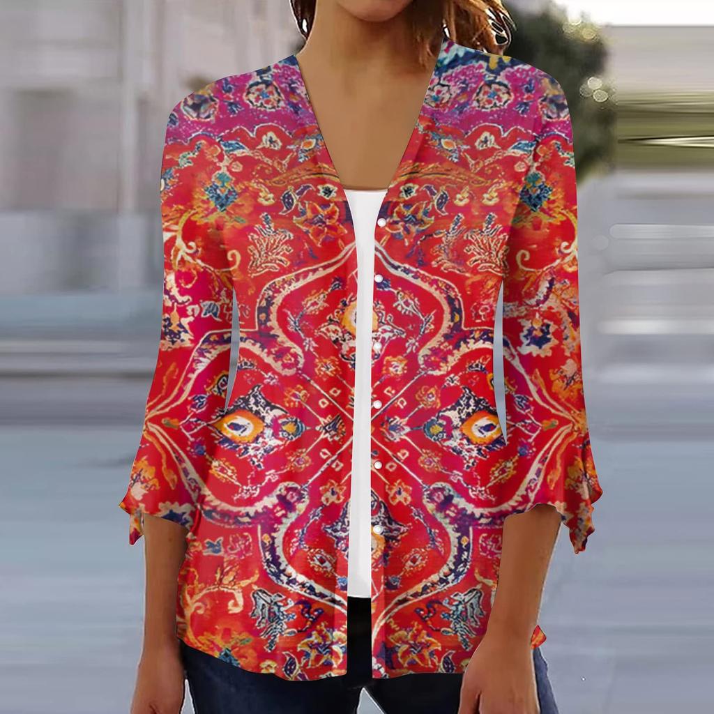 Women's Shirt Blouse Outerwear Print 3/4 Length Sleeve Casual Holiday Basic Button Tops
