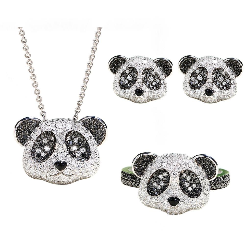 Women Jewelry Set Luxury Black Gold Zircon Panda Pendant Open Ring Earrings Full Diamond Design