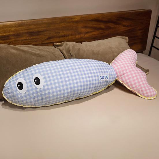 Stuffed Long Fish Pillow Cute Plaid Fish Cuddly Plush Toy Leg Pillow Back Support Headboard Cushion for Side Sleeping Sitting