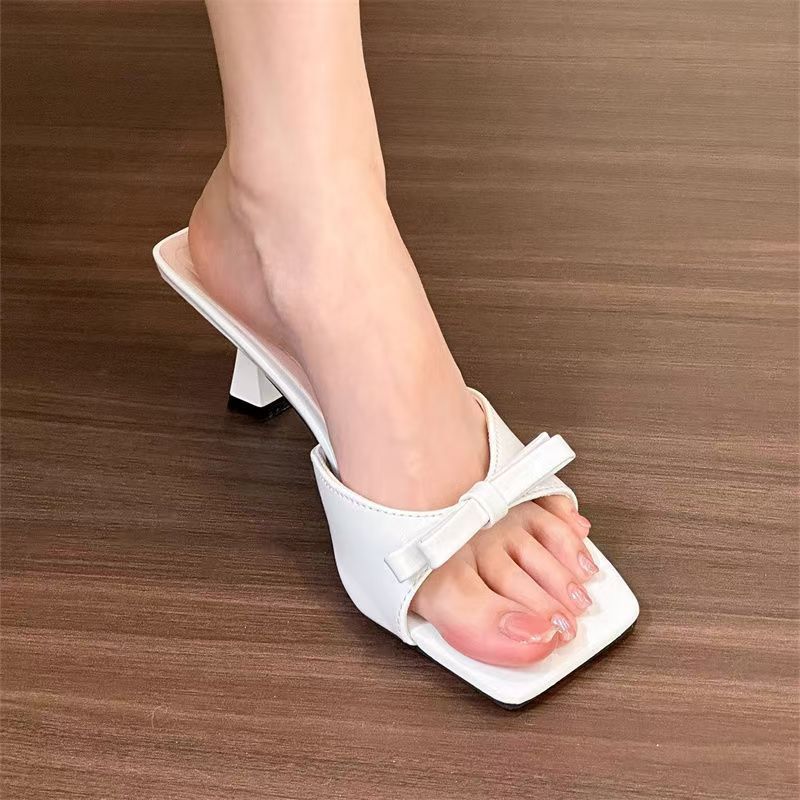 2025 new lazy one-word French evening breeze square head bow high-heeled sandals women's summer stiletto slippers