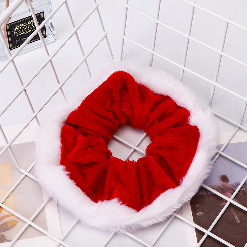 European & American Red Christmas Floral Hair Tie - Thick Plush Patchwork for Autumn/Winter