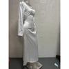 Women's Round Neck Long Sleeve Solid Colorwith Tie Back Elegant Long Dress 