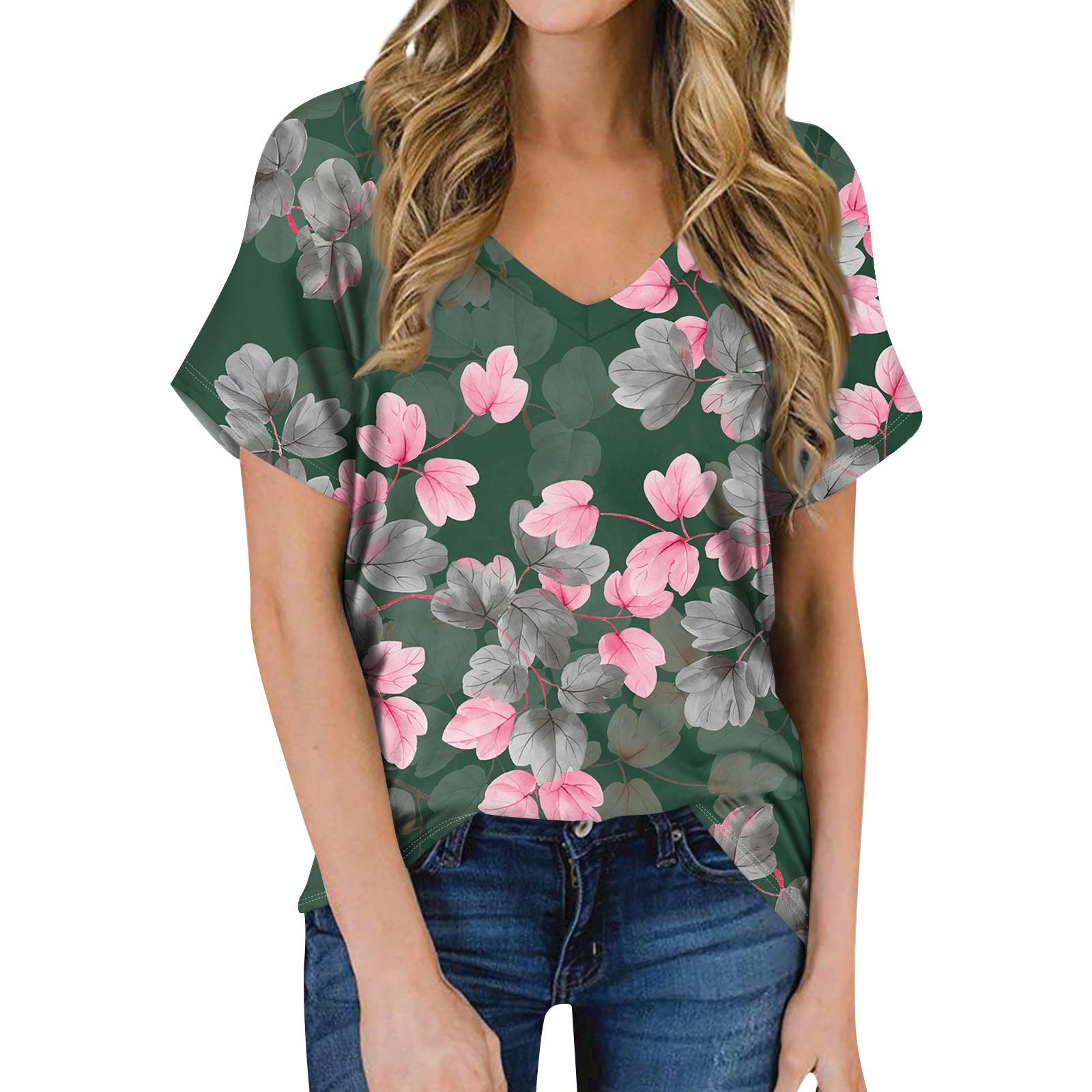 

Женская летняя модная повседневная блузка с V-образным вырезом и коротким рукавом с принтом L темно-зеленого