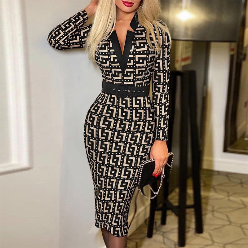 Elegante Vestito Sexy a Quadri con Scollo a V, aderente, a Maniche Lunghe