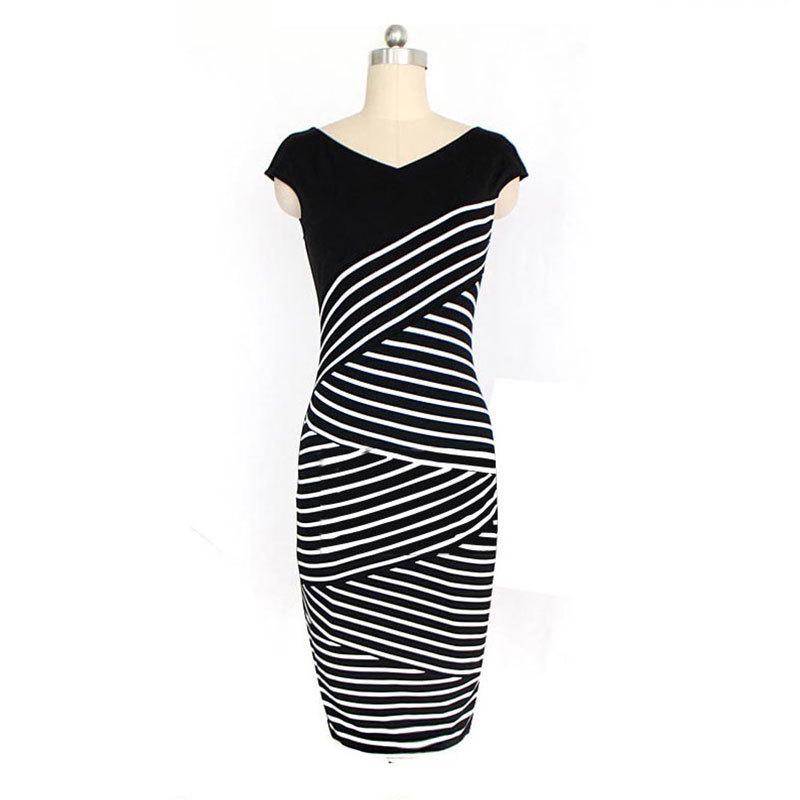Womens Elegant Fashion Summer V Neck Stripe Party Bodycon Pencil Dress Office