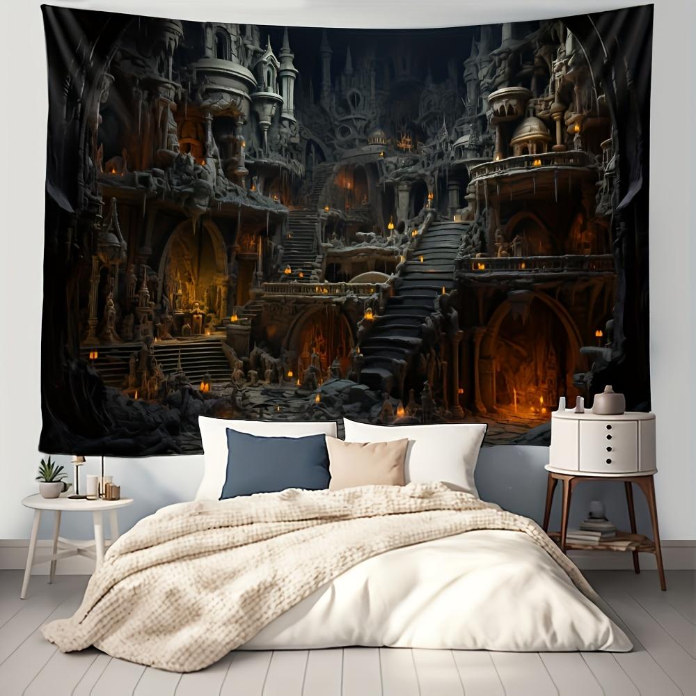Arazzo Castello Dark Fantasy, Sotterraneo con Scale e Torce, Murale Rovine Misteriose per Soggiorno Camera da Letto