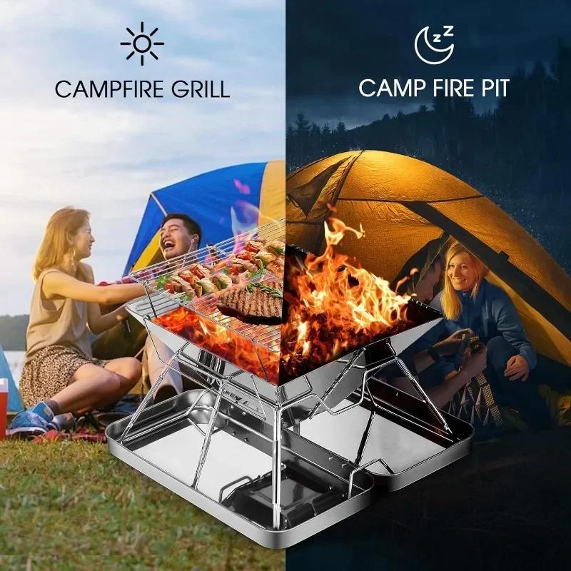 Camping Grill Charcoal Stove Folding Stainless Steel Fire Pit Grill Backpacking for Outdoor Cooking Hiking Camping Picnics Stove