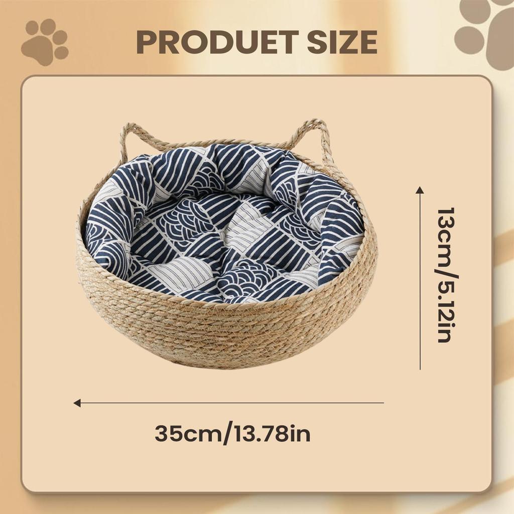 Woven Pet Cat Nest Bed Natural Breathable Portable Washable Nests Cat Ears Shape Pet Bed With Washable Cushion for Sleeping