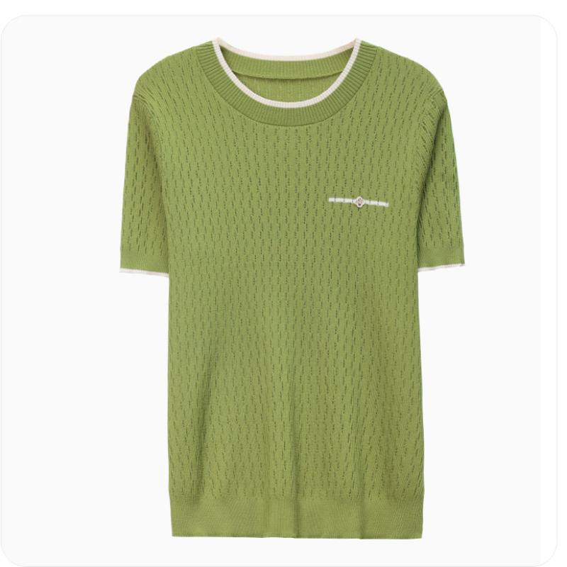 Summer Ice Silk Short Sleeve T-shirt Women Fashion Thin Casual Knitted Blouse Woman Short Sleeve Round Neck Tee Tops Office Lady Blouses 24120