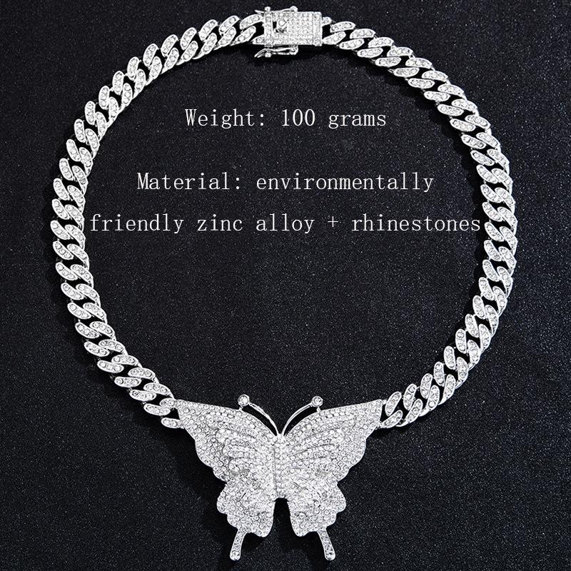 European American Hip Hop Cuban Chain Butterfly Necklace with Diamonds - Women's Trendy Style