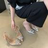 Brand Designer Silver High Heels Sandals Women 2025 Summer Crystal Square Buckle Sandals Woman Pointed Toe Slingbacks Party Shoe