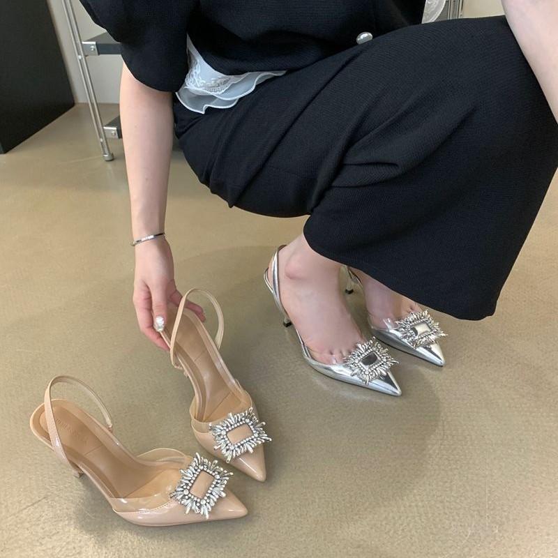 Brand Designer Silver High Heels Sandals Women 2025 Summer Crystal Square Buckle Sandals Woman Pointed Toe Slingbacks Party Shoe
