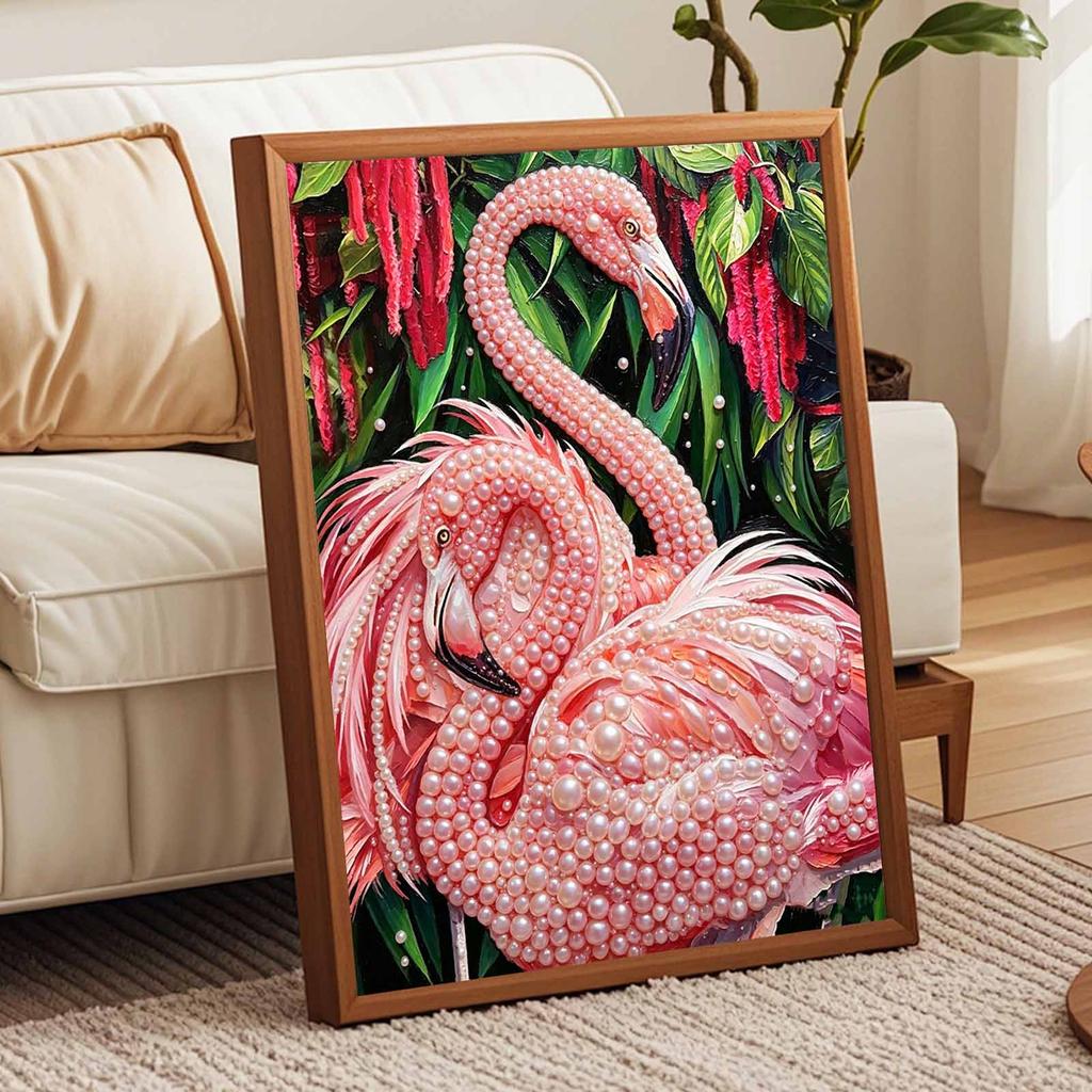 DIY Framed Pearl Painting Kit Elegant Pink Flamingo Pattern Sparkling Bead Canvas Creative Craft Gift for Women Adults Hobby Art Wall Decor