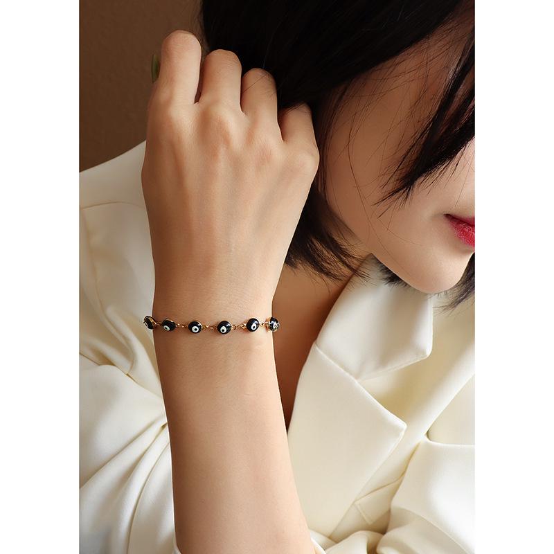 18K Gold Evil Eye Black Enamel Handmade Chain Bracelet in Titanium Steel