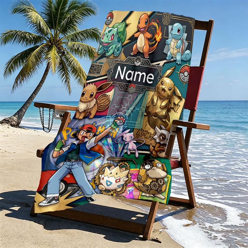 Custom Name Personalized Pocket Monster Print Beach Towel, for Trip Camping Beach Party Home Decor, Birthday Gift for Family & Friends