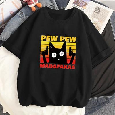 Lustiges Retro Pew Madafakas Katze bedrucktes Baumwoll-T-Shirt für Damen, lässiges O-Ausschnitt-T-Shirt für Sommer-Streetwear, Harajuku T-Shirt Top