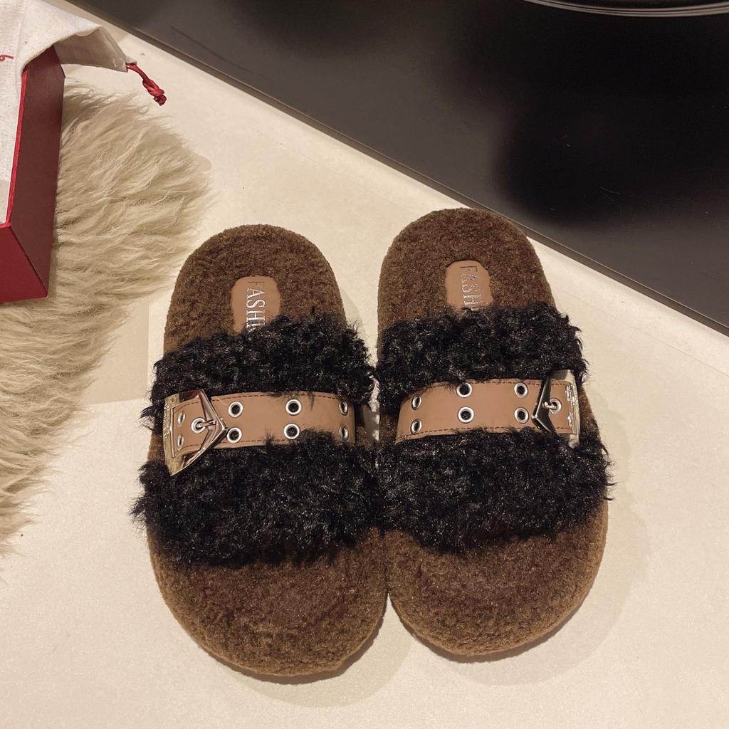 Thick-bottomed curled fluffy slippers for women's outer wear, velvet warm and fashionable one-word belt buckle 2025 autumn and winter new cotton sl