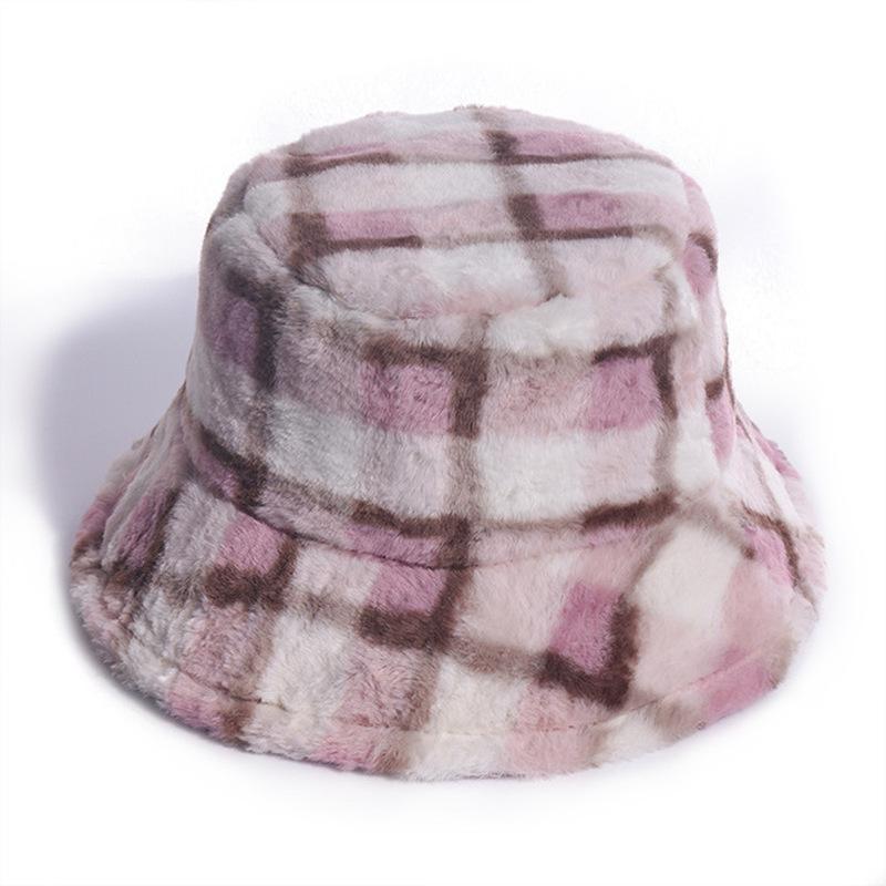 Faux Fur Winter Bucket Hat for Women Fashion Retro Lattice Soft Warm Fishing Cap Outdoor Foldable Hat Fisherman Hat