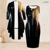 Women Plus Size Two Piece Set Long Sleeve Draped Cardigan Sleeveless Round Neck Printed Bodycon Dress Black Red White