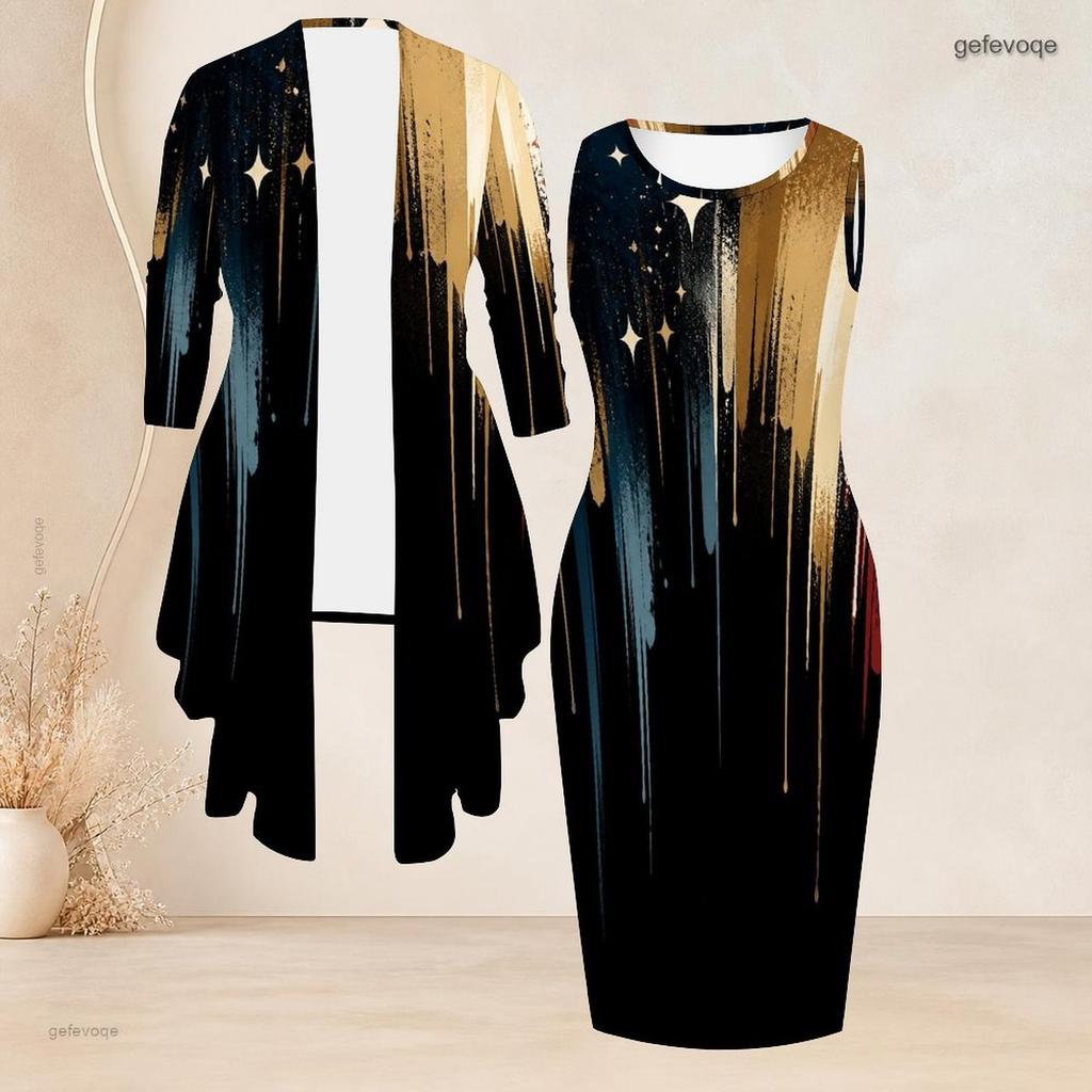 Women Plus Size Two Piece Set Long Sleeve Draped Cardigan Sleeveless Round Neck Printed Bodycon Dress Black Red White
