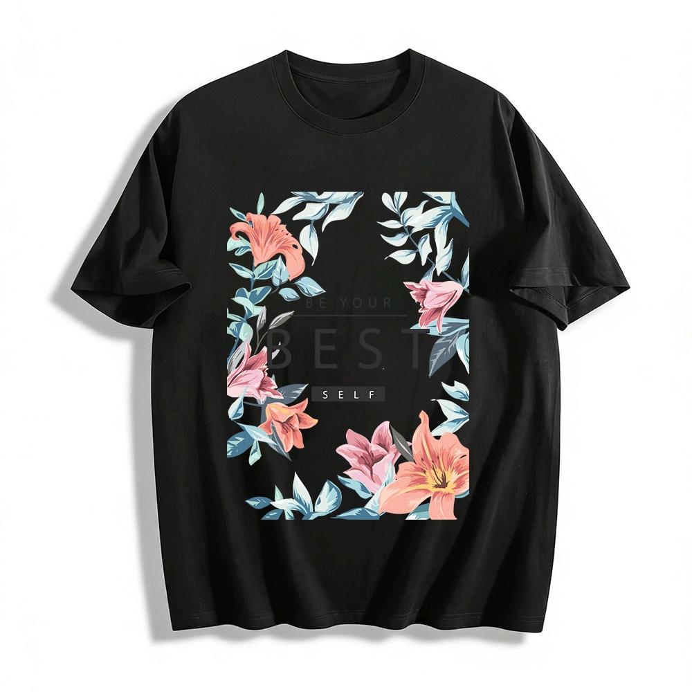 Be Your Best Self Floral Print Casual Short Sleeve Tee Pure cotton T-shirt XXS