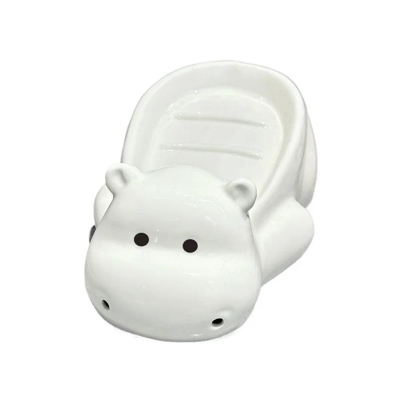 Cartoon Hippo Soap Box Waterproof Moisture-proof Household Decoration Creative Cute Ceramic Drain Punch-free Washbasin Soap Box