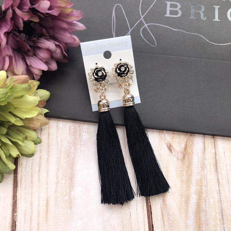 Retro flower gemstone with diamond fringed stud earrings long celebrity temperament earrings women's versatile earrings