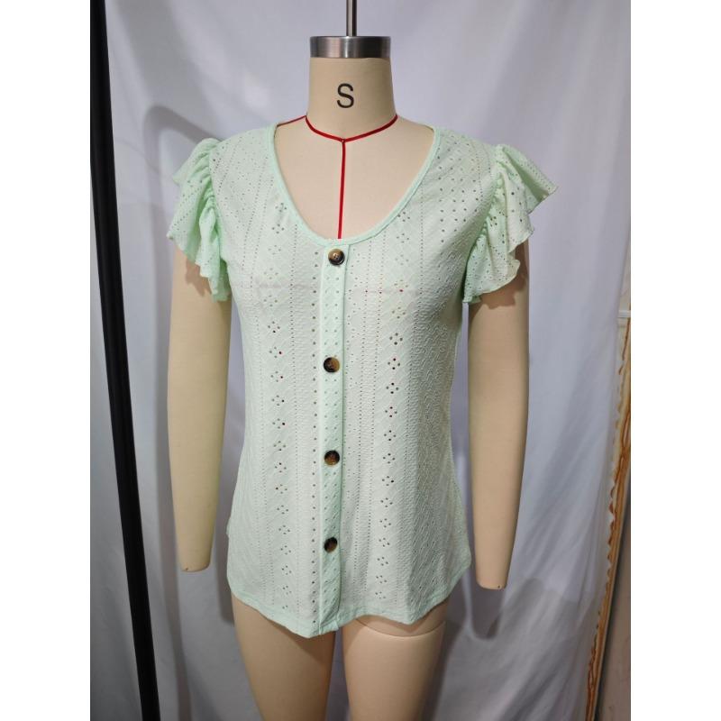 Womens V Neck Eyelet Embroidered Blouse With Short Flutter Sleeves Casual Button Down Top