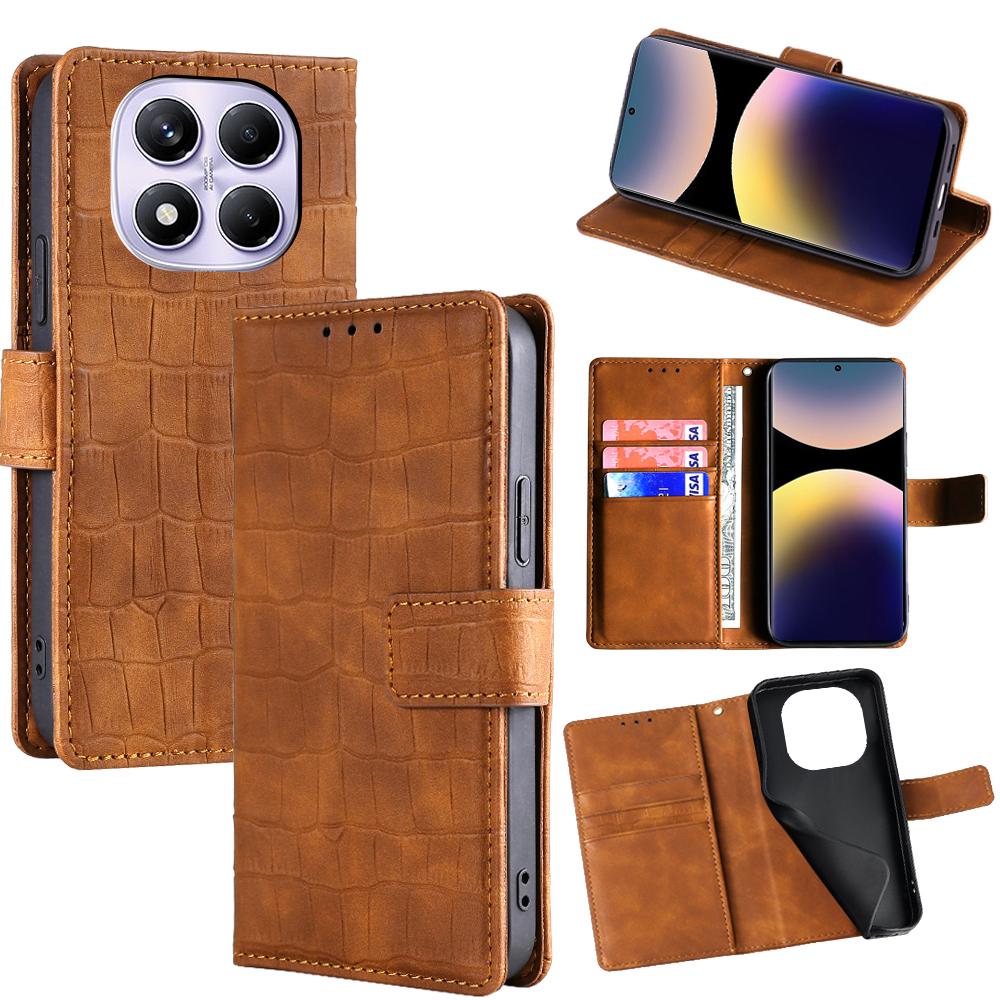 

For Xiaomi Redmi Note 14 Pro 4G Leather Case Wallet Stand Crocodile Texture Mobile Phone Cover Brown