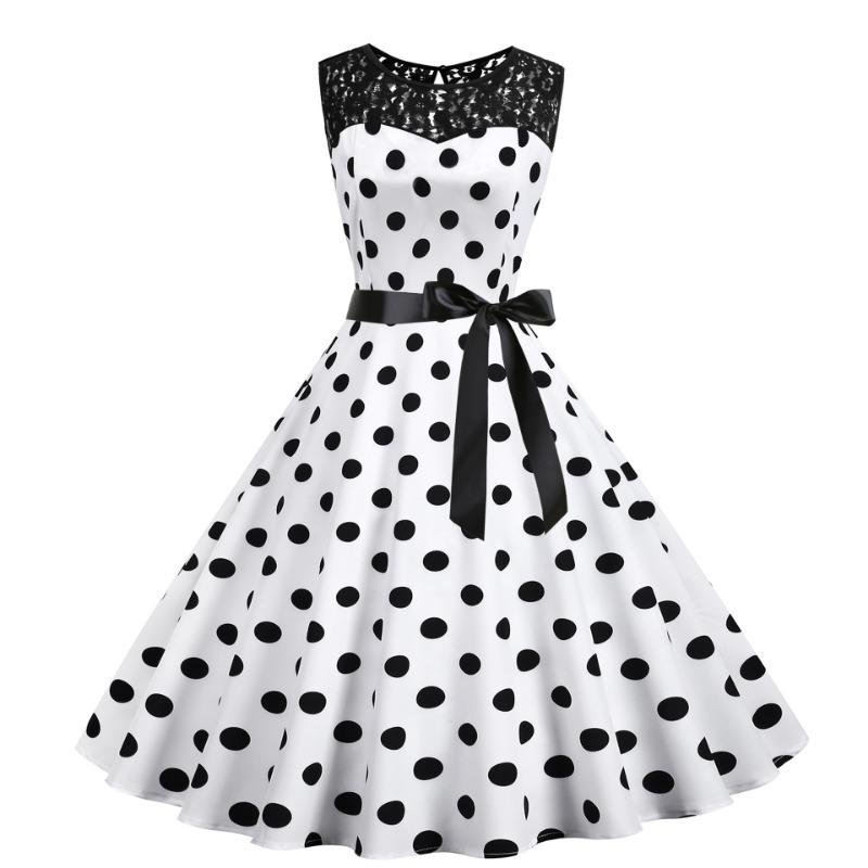 

Summer Vintage Lace Crew Neck Sleeveless Splicing Polka Dot Dress Big Swing Skirt Black Lace Up Waist S